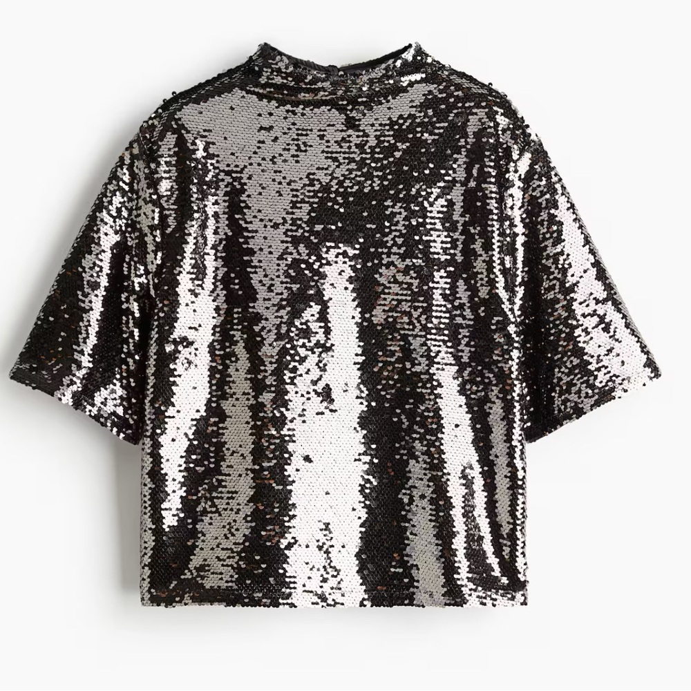 NWT H&M Black and Silver Sequin Short Sleeve Top